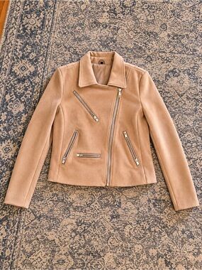 Women's Camel Moto Jacket with Asymmetric Zips